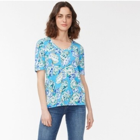 Chico’s 3XL Shell Print Seamed Slub Tee, Caribbean Blue/Green - Picture 1 of 6